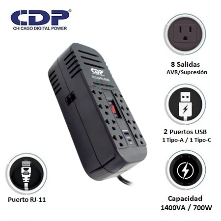 Estabilizador CDP RUAVR1408I 1400VA/700W 8 Salidas/ 1 USB